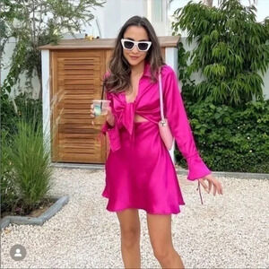 Zara Satin Effect Long Sleeve Ruffle Cuff Lapel Collar Mini Dress Fushia Pink Sm